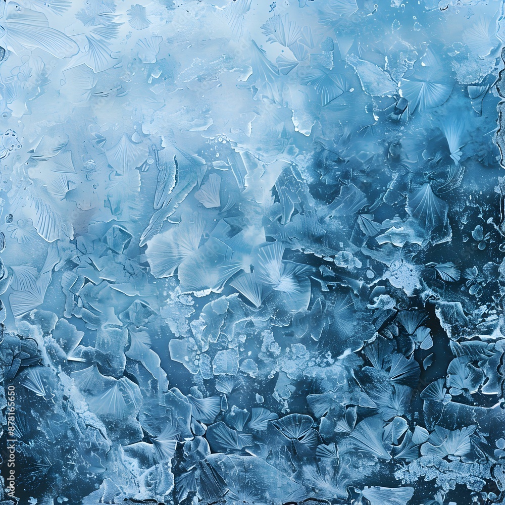 Obraz premium Close-Up of Intricate Frost Patterns on Glass in Cool Blue Tones 