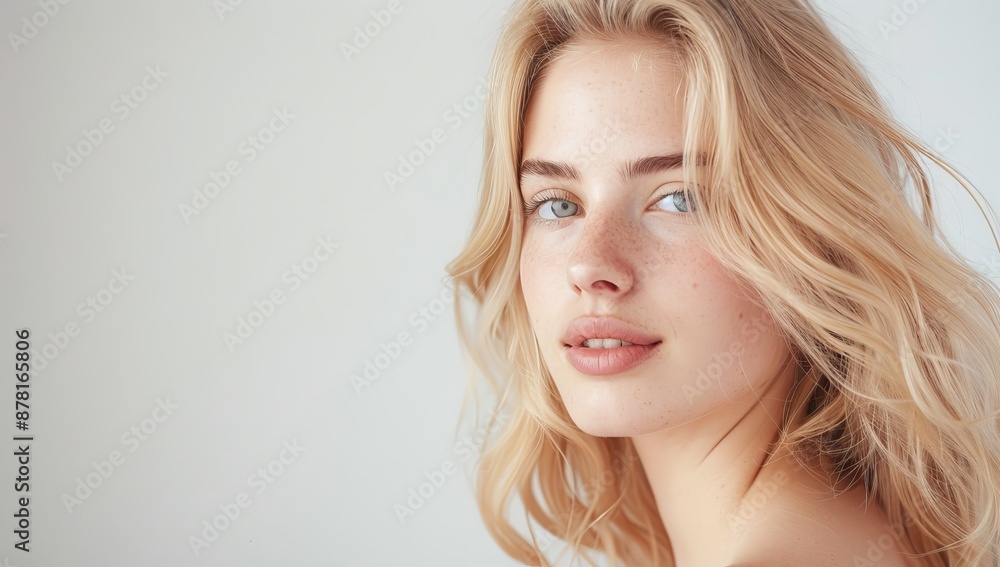 Woman with perfect skin and hair. Skincare or salon beautiful happy girl model with healthy glowing facial and natural makeup with moisturizing cream smile on isolated background with copy space. Woman with perfect skin and hair. Skincare or salon beautiful happy girl model with healthy glowing facial and natural makeup with moisturizing cream smile on isolated background with copy space.