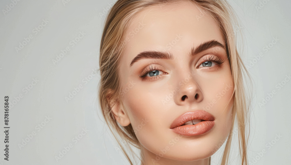 Fototapeta premium Woman with perfect skin and hair. Skincare or salon beautiful happy girl model with healthy glowing facial and natural makeup with moisturizing cream smile on isolated background with copy space.