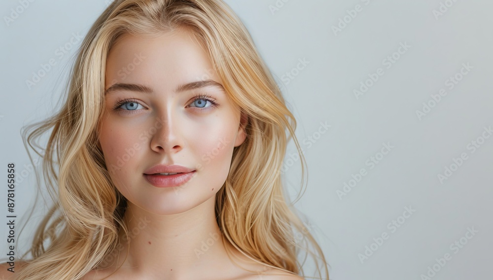 Woman with perfect skin and hair. Skincare or salon beautiful happy girl model with healthy glowing facial and natural makeup with moisturizing cream smile on isolated background with copy space. Woman with perfect skin and hair. Skincare or salon beautiful happy girl model with healthy glowing facial and natural makeup with moisturizing cream smile on isolated background with copy space.