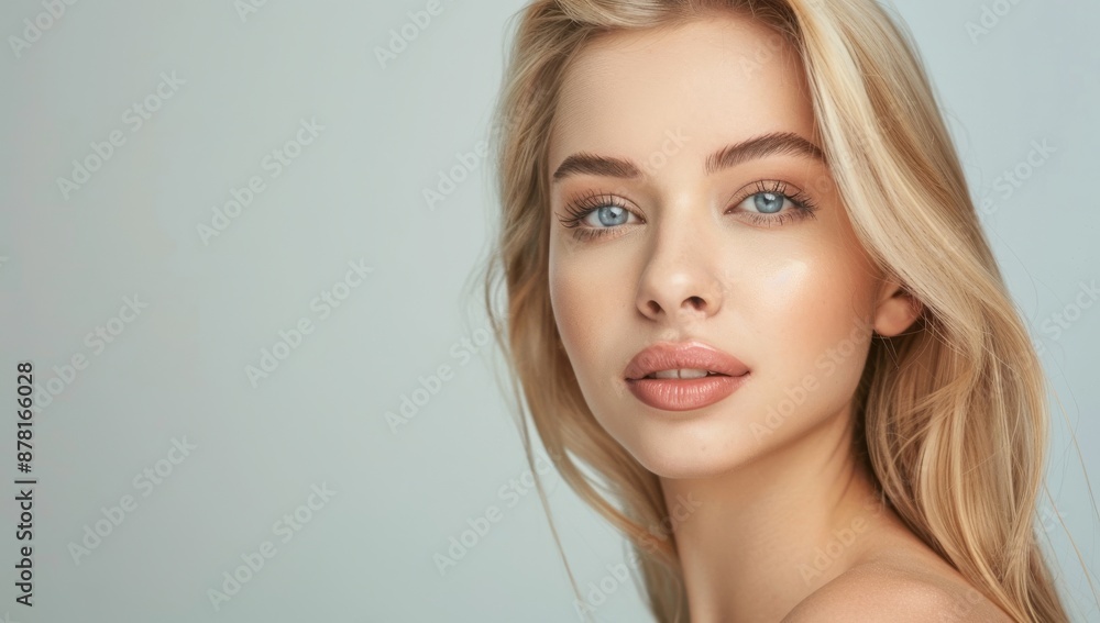Woman with perfect skin and hair. Skincare or salon beautiful happy girl model with healthy glowing facial and natural makeup with moisturizing cream smile on isolated background with copy space. Woman with perfect skin and hair. Skincare or salon beautiful happy girl model with healthy glowing facial and natural makeup with moisturizing cream smile on isolated background with copy space.