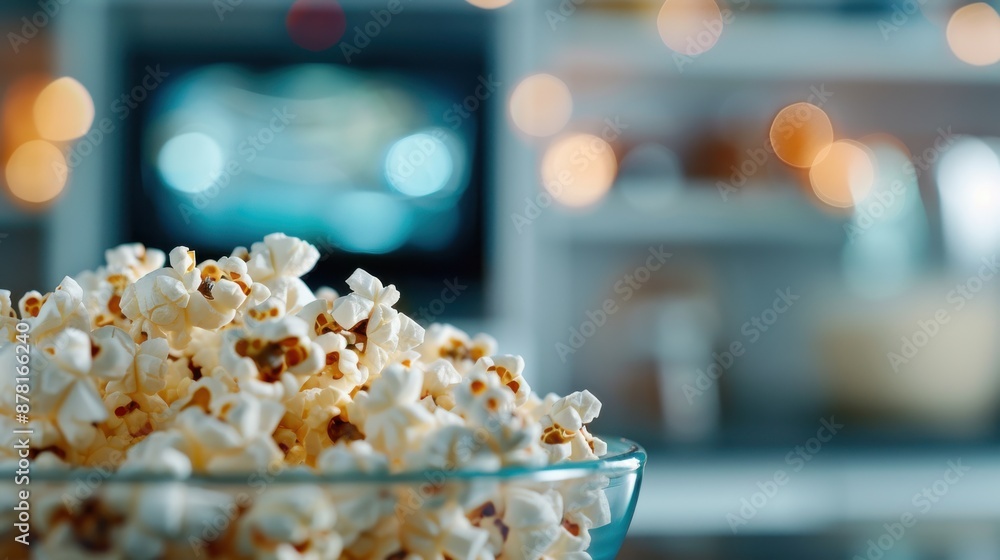 A clear glass bowl filled with popcorn sits in the foreground, with a television playing in the background, giving a sense of a movie night or a relaxed evening at home. A clear glass bowl filled with popcorn sits in the foreground, with a television playing in the background, giving a sense of a movie night or a relaxed evening at home.
