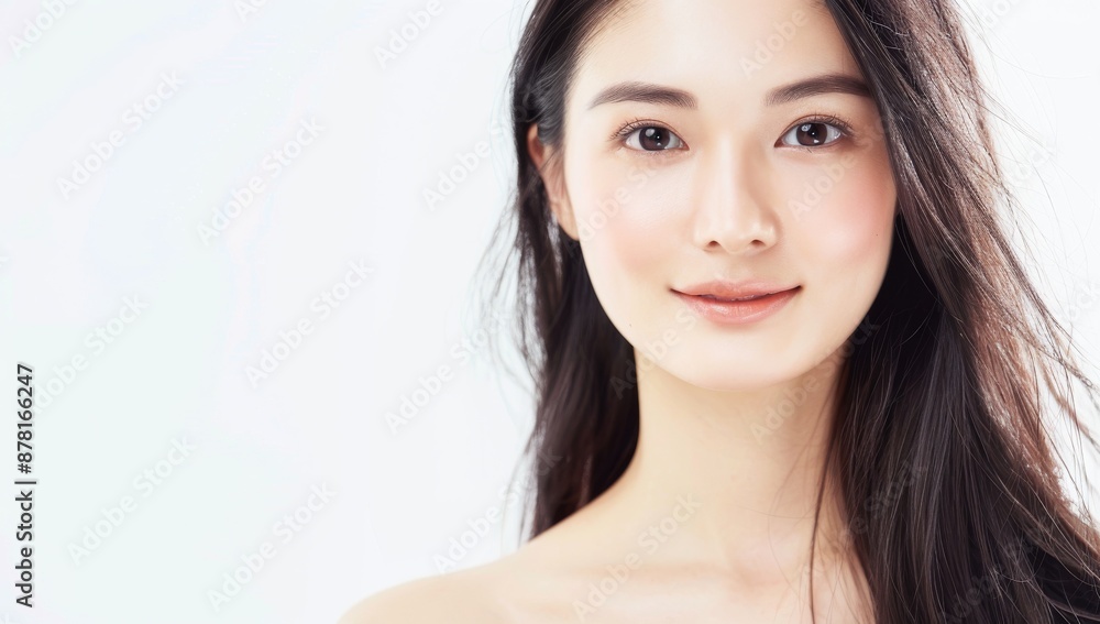 Naklejka premium Skin care. Korean Woman with beauty face touching healthy facial skin portrait. Beautiful smiling asian girl model with natural makeup touching glowing hydrated skin on blue background closeup.