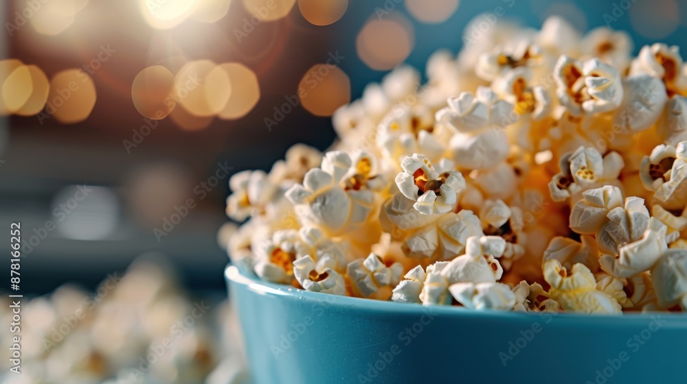 A detailed image showcasing a blue bowl overflowing with crispy, golden popcorn against a background filled with warm, bokeh lights, emphasizing a cozy viewing experience. A detailed image showcasing a blue bowl overflowing with crispy, golden popcorn against a background filled with warm, bokeh lights, emphasizing a cozy viewing experience.