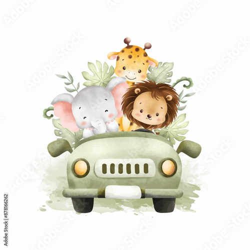 Watercolor Illustration Cute Baby Safari Animals in Car