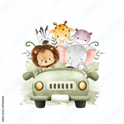 Watercolor Illustration Cute Baby Safari Animals in Car