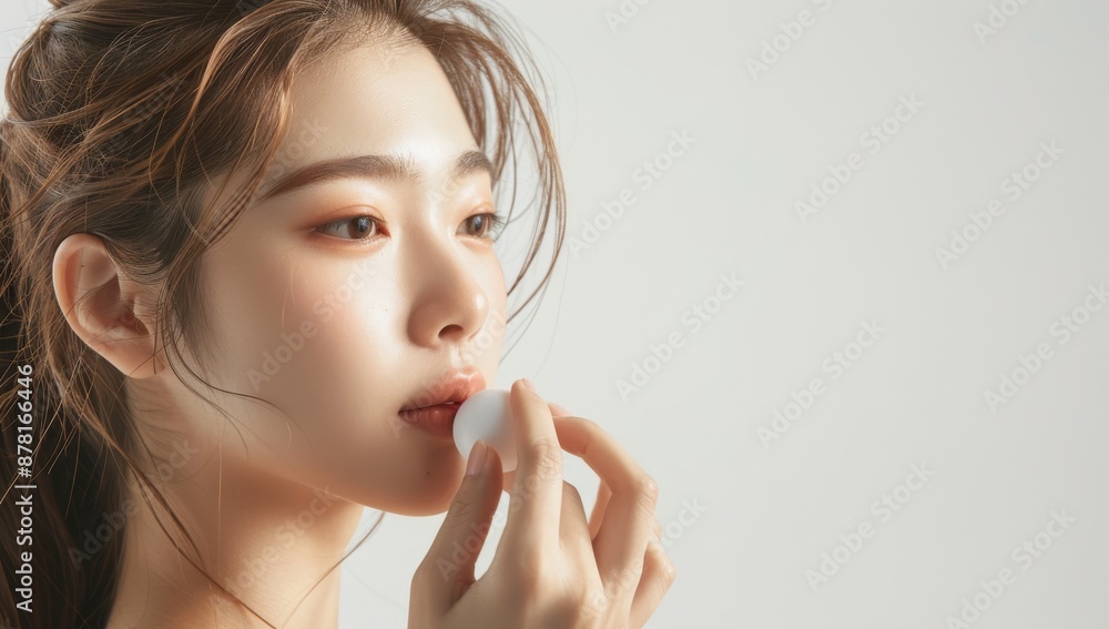 Skin care. Korean Woman with beauty face touching healthy facial skin portrait. Beautiful smiling asian girl model with natural makeup touching glowing hydrated skin on blue background closeup. Skin care. Korean Woman with beauty face touching healthy facial skin portrait. Beautiful smiling asian girl model with natural makeup touching glowing hydrated skin on blue background closeup.