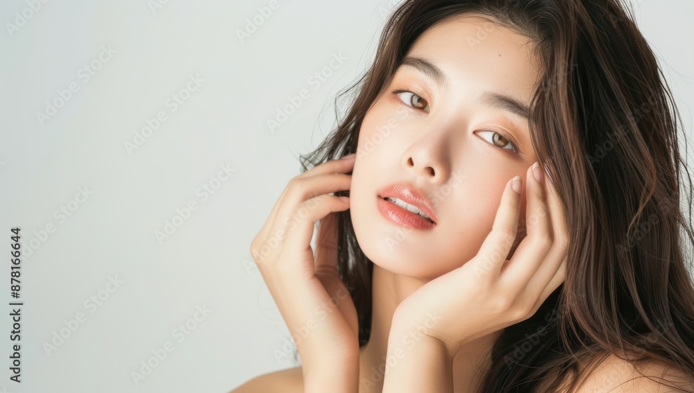 Skin care. Korean Woman with beauty face touching healthy facial skin portrait. Beautiful smiling asian girl model with natural makeup touching glowing hydrated skin on blue background closeup. Skin care. Korean Woman with beauty face touching healthy facial skin portrait. Beautiful smiling asian girl model with natural makeup touching glowing hydrated skin on blue background closeup.