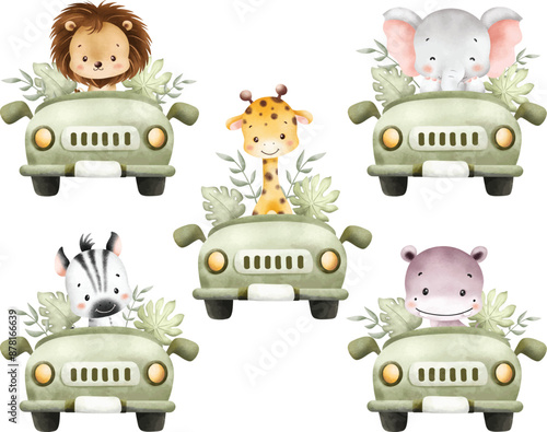 Watercolor Illustration Set of Cute Baby Safari Animals in Car