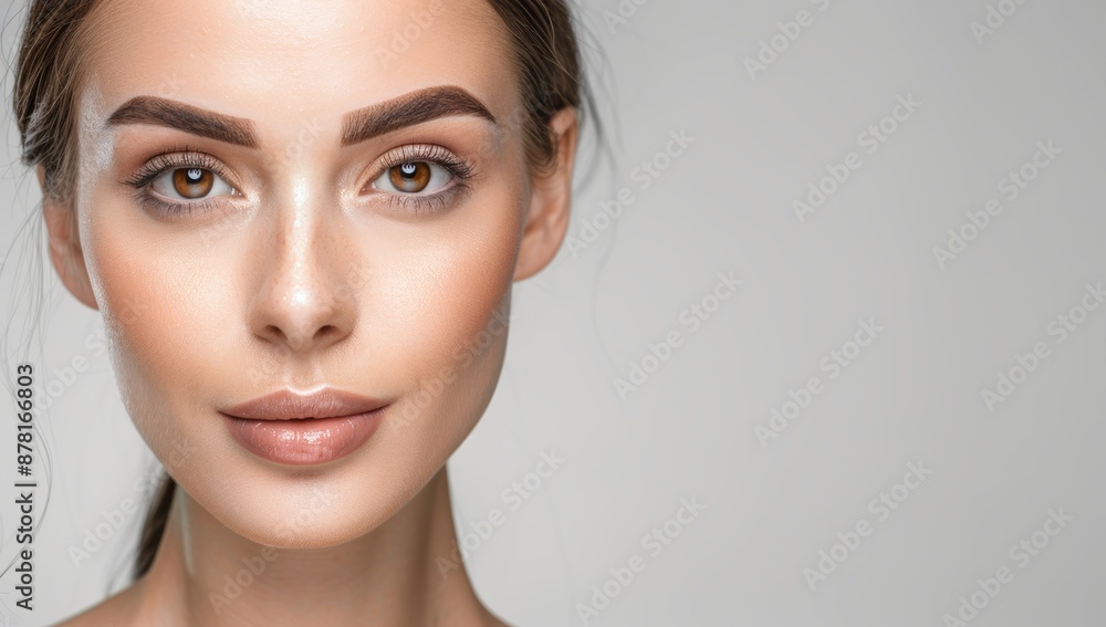 Obraz premium Woman with perfect skin and hair. Skincare or salon beautiful happy girl model with healthy glowing facial and natural makeup with moisturizing cream smile on isolated background with copy space.