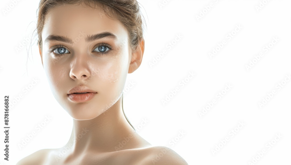Fototapeta premium Woman with perfect skin and hair. Skincare or salon beautiful happy girl model with healthy glowing facial and natural makeup with moisturizing cream smile on isolated background with copy space.