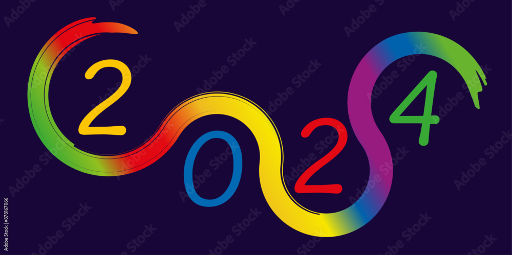 Fototapeta premium Carte de vœux au graphisme coloré pour présenter l’année 2025 avec des courbes aux couleurs de l’arc en ciel.