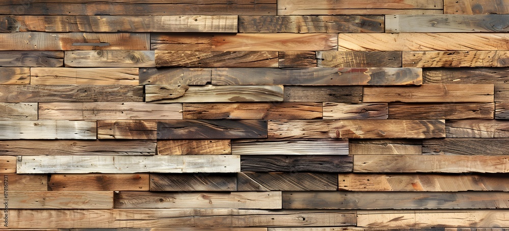 A rustic wall made of reclaimed wood, showcasing the natural beauty and texture that give it an authentic feel, with weathered wooden planks arranged in a horizontal pattern for interior design A rustic wall made of reclaimed wood, showcasing the natural beauty and texture that give it an authentic feel, with weathered wooden planks arranged in a horizontal pattern for interior design