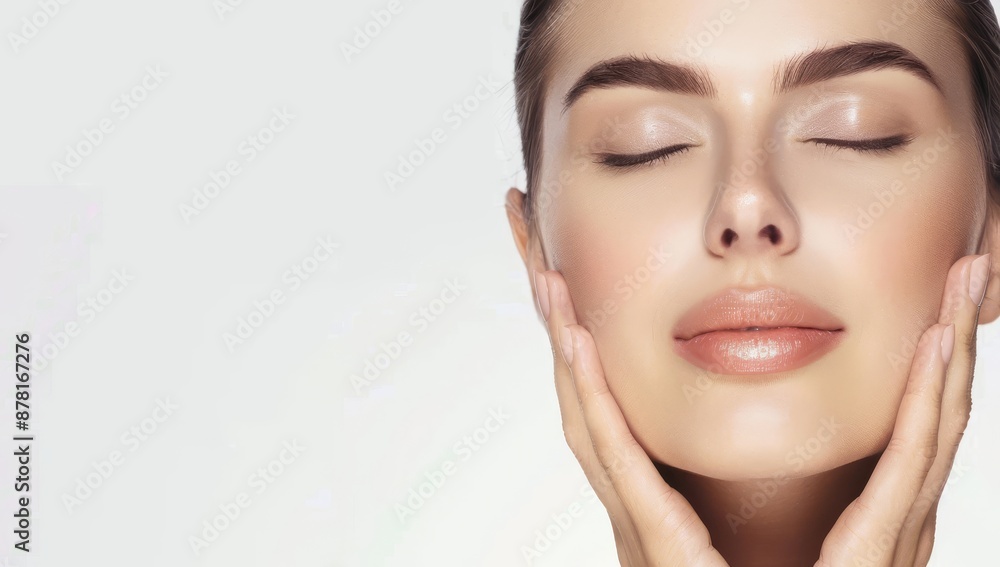 Naklejka premium Skincare with young woman touching her face with both hands. touching healthy facial skin portrait. Girl model with natural makeup touching glowing hydrated skin isolated background. Copy space