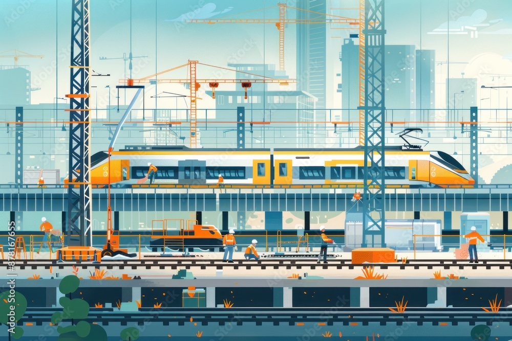Obraz premium Flat design illustration of a construction site for a new railway station. Workers are laying tracks, installing overhead cables, and building platforms. Trains are seen in the background, arriving