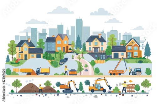 Flat design illustration showing the development of a new residential neighborhood. Workers are constructing houses, laying down roads, and installing utilities. Trees and green spaces are being