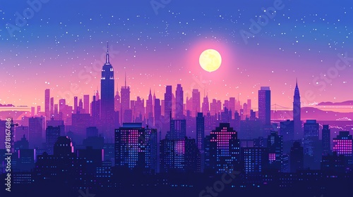 A retro-style illustration of a city skyline at night with a full moon and stars. © Factory
