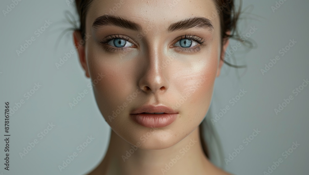 Fototapeta premium Close-up portrait of a woman’s face. Ideal for beauty and skincare concepts. She has smooth skin and well-groomed eyebrows. Isolated plain background with copy space