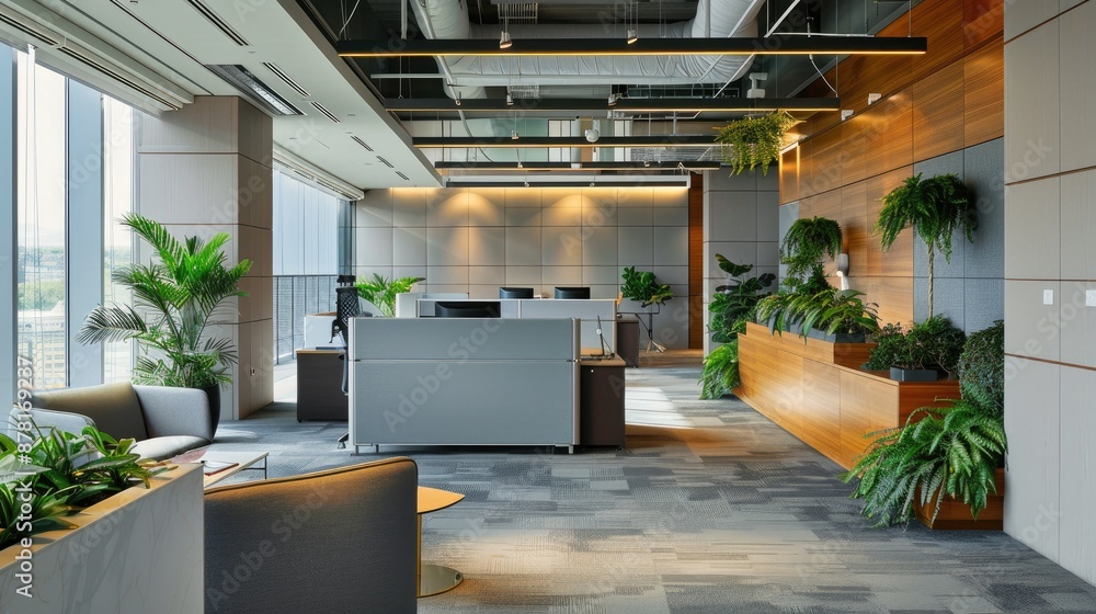 Fototapeta premium A modern office with a soundscaping system that plays ambient sounds to boost productivity and reduce stress