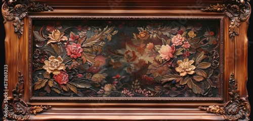 frame with ornate floral patterns and intricate carvings in wood