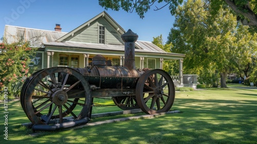 Ranch house with a vintage steam engine on display in the front yard, adding a touch of historical charm