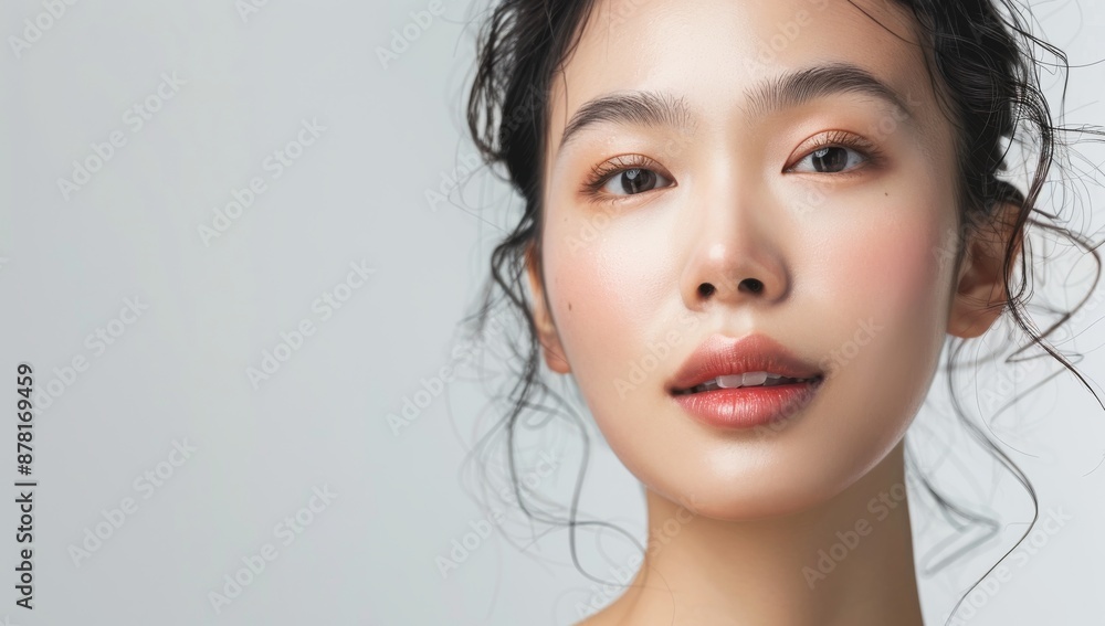 Skin care. Korean Woman with beauty face touching healthy facial skin portrait. Beautiful smiling asian girl model with natural makeup touching glowing hydrated skin on blue background closeup. Skin care. Korean Woman with beauty face touching healthy facial skin portrait. Beautiful smiling asian girl model with natural makeup touching glowing hydrated skin on blue background closeup.