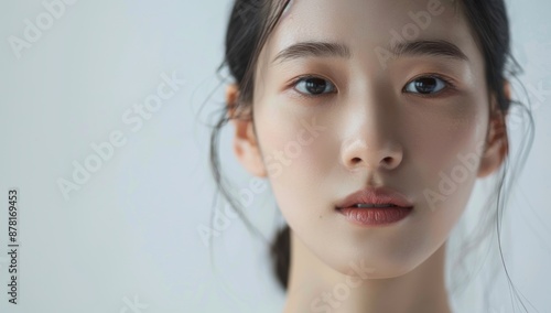 Skin care. Korean Woman with beauty face touching healthy facial skin portrait. Beautiful smiling asian girl model with natural makeup touching glowing hydrated skin on blue background closeup.
