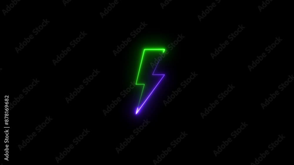 Neon Bolt icon Animation. Charge flash icon on black background. Neon lightning bolt glowing sign. Neon Bolt icon Animation. Charge flash icon on black background. Neon lightning bolt glowing sign.