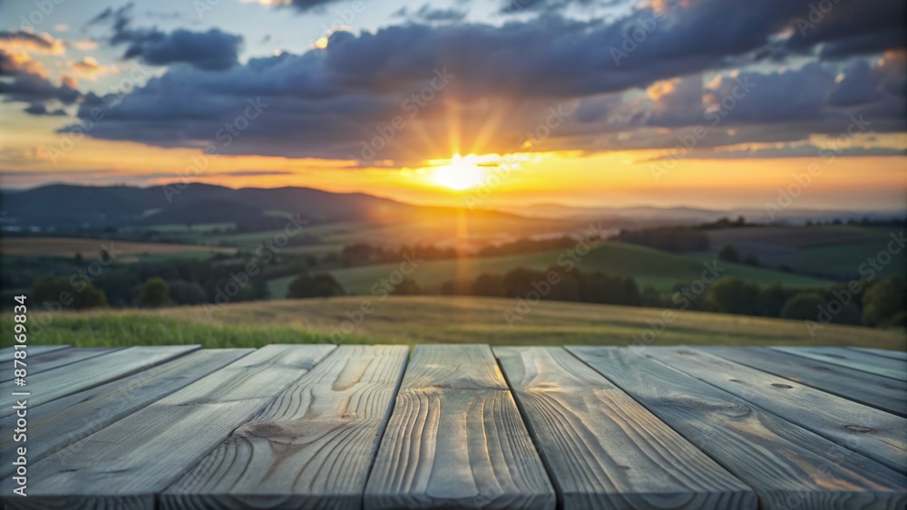 Fototapeta premium Wooden table top with a breathtaking sunset landscape in the background.