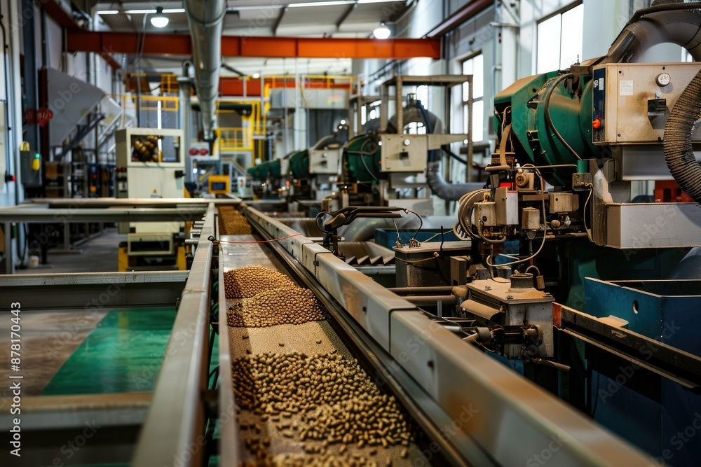 Pellet Production Line A bustling factory assembly line with machines forming and packaging animal feed pellets Pellet Production Line A bustling factory assembly line with machines forming and packaging animal feed pellets