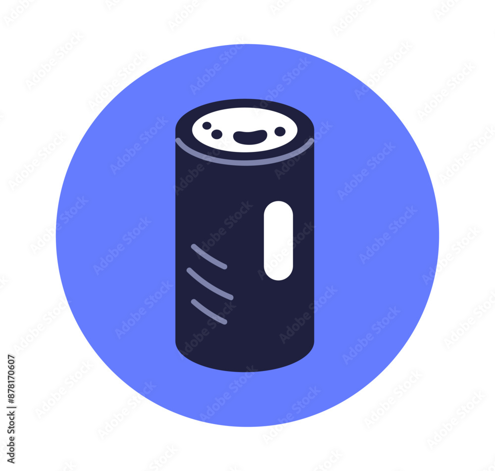 Smart speaker icon. Voice assistant gadget, electronic AI device, audio and sound appliance. Home cylinder loudspeaker in circle, round sticker. Flat vector illustration isolated on white background Smart speaker icon. Voice assistant gadget, electronic AI device, audio and sound appliance. Home cylinder loudspeaker in circle, round sticker. Flat vector illustration isolated on white background