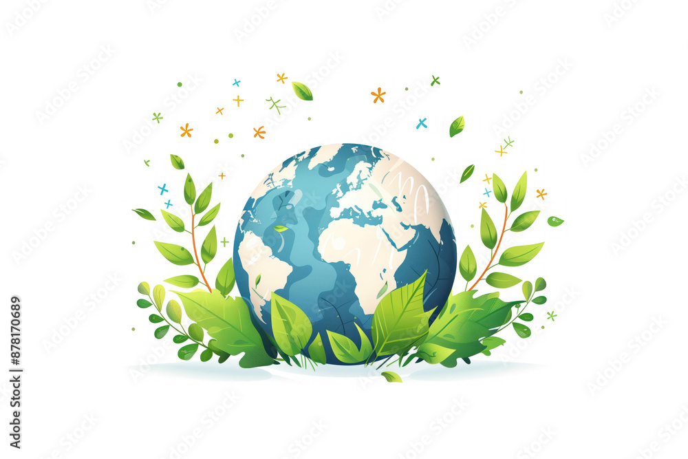 Planet Earth with green leaves on white background, ecology symbol. Nature protection symbol Planet Earth with green leaves on white background, ecology symbol. Nature protection symbol