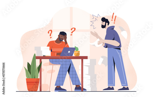 Angry boss at workplace. Man shouts at worker and employee. Ineffective work process in company, lazy manager. Quarrel and conflict. Rage and anger. Cartoon vector illustration