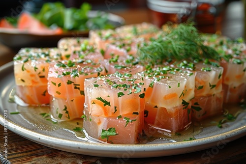 A plate of Russian aspic, zalivnoe, featuring beautifully arranged pieces of meat or fish in a clear gelatin, garnished with herbs photo