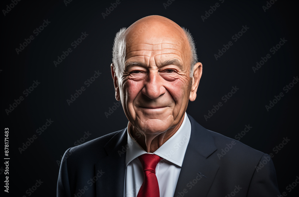 An elderly man wearing a suit and red tie, smiling confidently, with a dark background An elderly man wearing a suit and red tie, smiling confidently, with a dark background