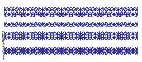 Kazakh national Islamic seamless ethnic ornaments. Monochrome Kazakh ornament of curls, spirals on white background. Set of ornate muslim borders, dividers and frames for covers, certificates, diploma