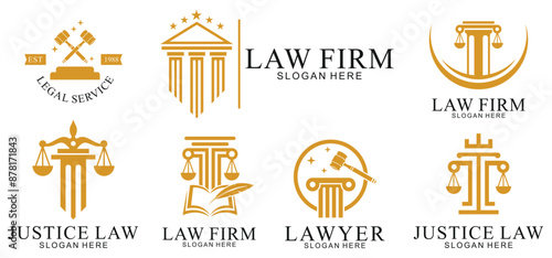 set law logo with pillars of justice symbol concept, creative premium of lawyer and law office
