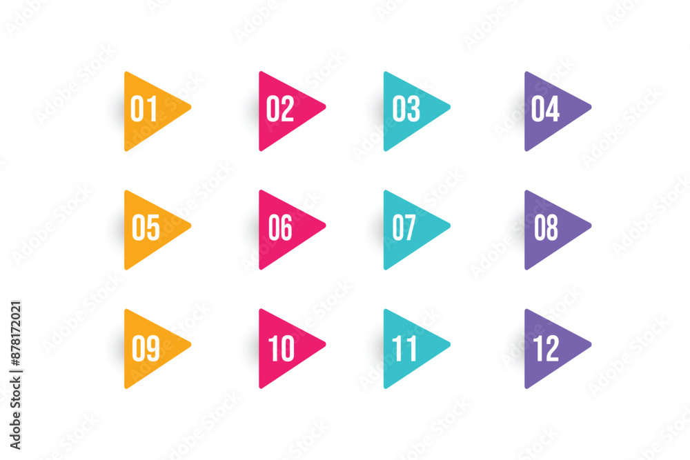 Super set arrow bullet point triangle flags on white background. Markers with number 1 to 12. Modern vector illustration Super set arrow bullet point triangle flags on white background. Markers with number 1 to 12. Modern vector illustration