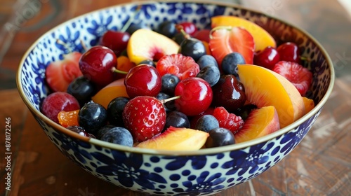 A colorful bowl of mixed fruit featuring juicy berries, sweet peaches, and vibrant cherries