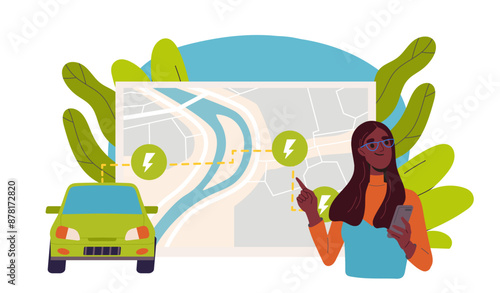 Woman charging electric car. Girl stands near map and environmentally friendly transport. Reducing waste emissions into atmosphere. Caring for ecology and environment. Cartoon vector illustration