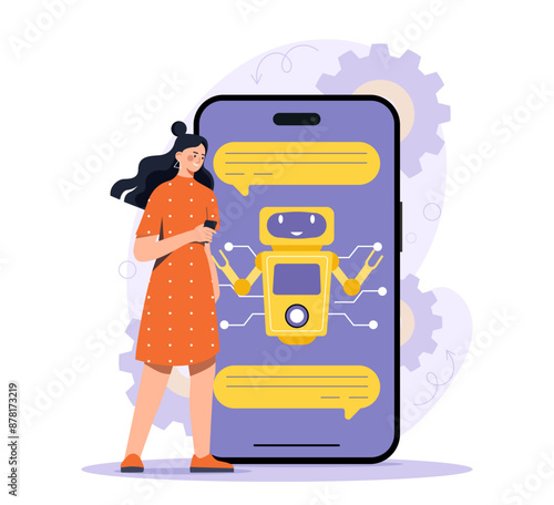 Woman with chat bot. Girl with smartphone communicates with virtual helper and assistant. Artificial intelligence and machine learning. FAQ and guide, clients support. Cartoon vector illustration
