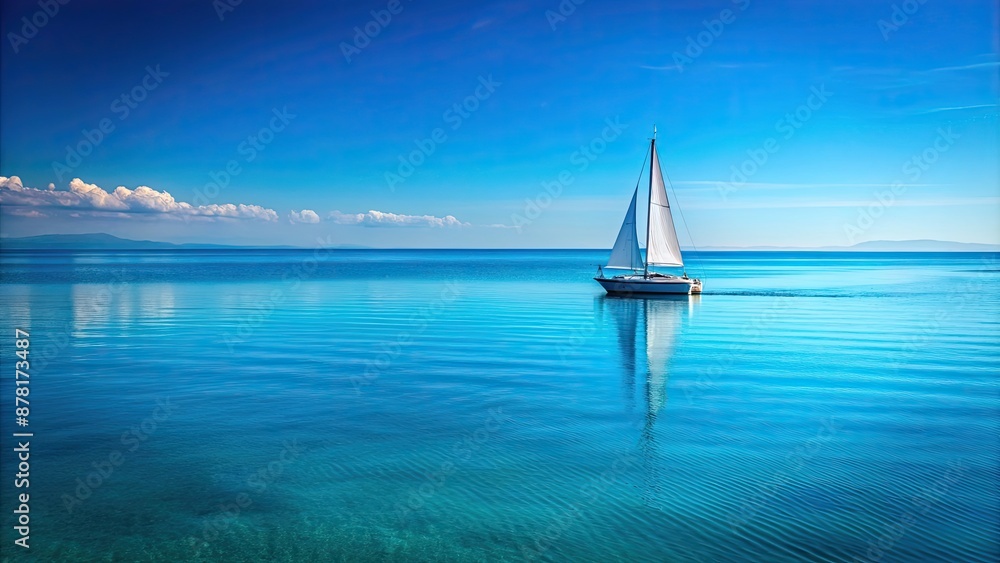 Obraz premium Solitary sailboat peacefully gliding on calm, clear blue waters, Sailing, Tranquil, Open Sea, Solitary, Sailboat, Clear, Blue
