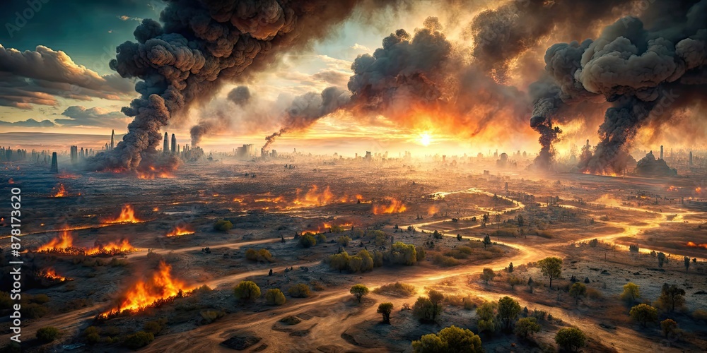 Aerial view of a post-apocalyptic landscape with burning fires, apocalyptic, disaster, destruction, aerial view, landscape Aerial view of a post-apocalyptic landscape with burning fires, apocalyptic, disaster, destruction, aerial view, landscape