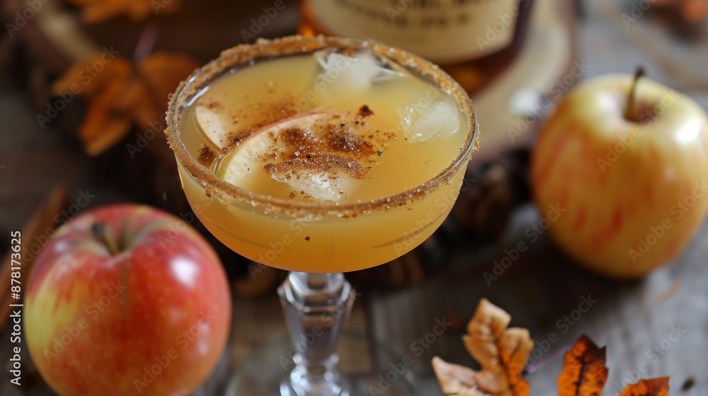 Close-up to a autumn warming Smoky Harvest Apple Cider Margarita cocktail on wooden table with soft blurred working bartender on the background Close-up to a autumn warming Smoky Harvest Apple Cider Margarita cocktail on wooden table with soft blurred working bartender on the background