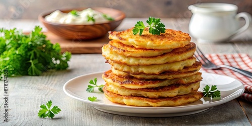Fototapeta Naklejka Na Ścianę i Meble -  Traditional Polish potato pancakes arranged in a stack on a plate , placki ziemniaczane, placki, polish cuisine