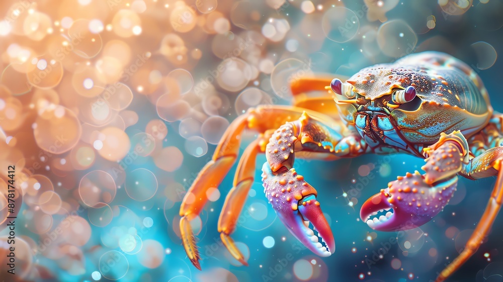 A vibrant, colorful crab with large claws against a shimmering background. Perfect for seafood, summer, or nature themes. A vibrant, colorful crab with large claws against a shimmering background. Perfect for seafood, summer, or nature themes.