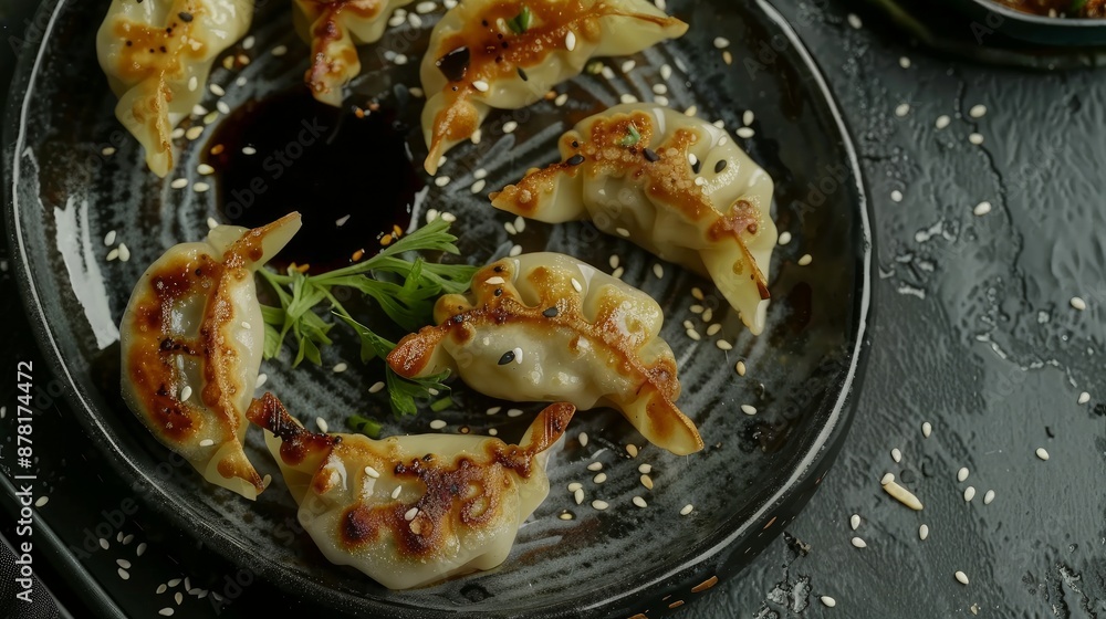 Delectable Japanese-Korean gyoza dumplings served on a grey plate, presenting an appetizing top view Delectable Japanese-Korean gyoza dumplings served on a grey plate, presenting an appetizing top view