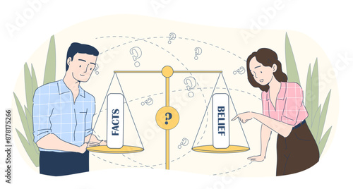 Cognitive dissonance concept. Thoughtful man and woman stand near scales. People make decision. Logical structure. Psychological discomfort. Linear vector illustration isolated on white background