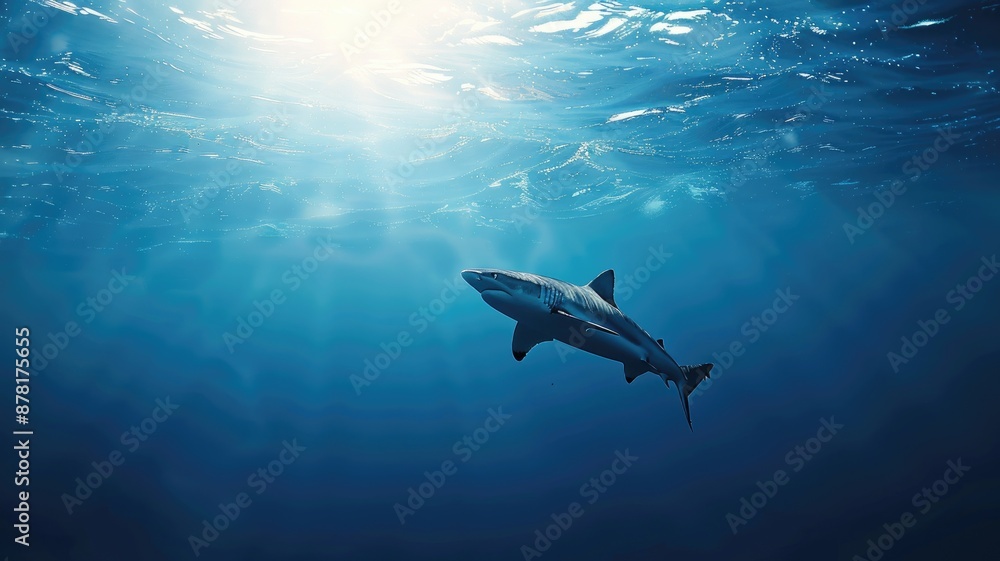 Obraz premium Lone shark swims in deep blue ocean