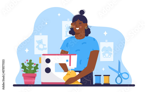 Woman sewing fabric. Young girl with sewing machine produces clothes or toys. Seamstress, tailor or atelier in workshop. Fashion and trend. Cartoon vector illustration isolated on white background